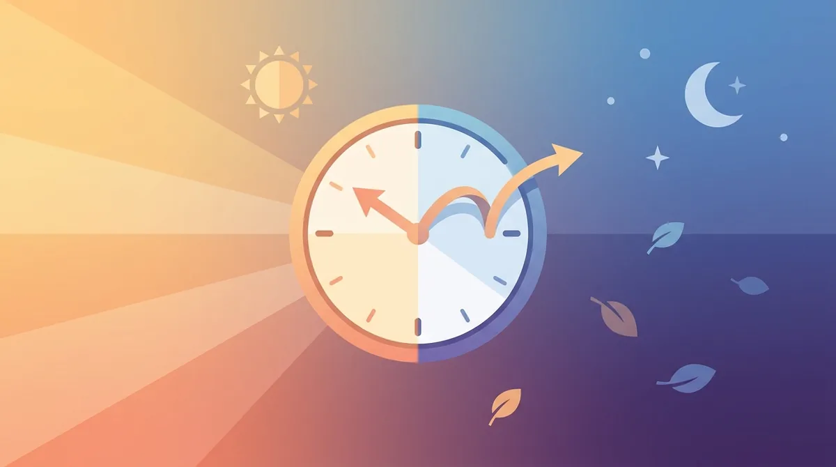 En analog klokke hvor viserne justeres én time frem mot en vårlig soloppgangshimmel, som illustrerer sommertid